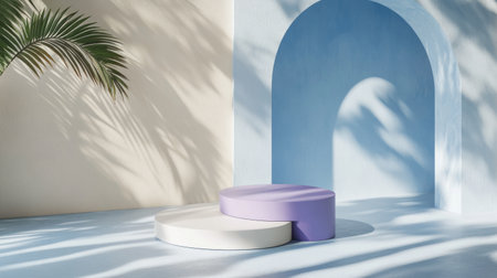 3D rendering of two simple geometric shapes on a blue background. One is flat, the other has an angle and is curved at its edge. The shape on top is in a purple color, and the bottom one is white. Minimalist design, simple shapes, modern style. Front view. Close-up shot. Bright studio lighting with soft shadows, creating a calm atmosphere. --chaos 30 --ar 16:9 --v 6.1 Job ID: 0242283f-7a12-497f-862f-3347a83845d1の素材