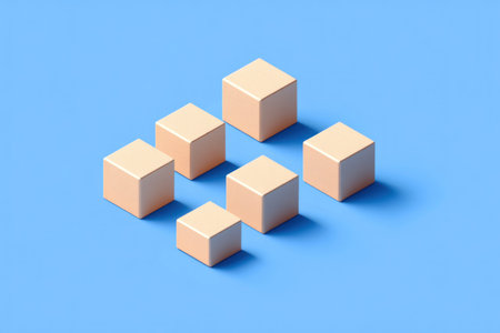 Minimalist isometric cubes on a blue background, 3D illustration style, simple shapes, minimalistic design, vector graphics, flat colors, high resolution, high detail, hyper-realistic, no gradient, no shadows, no shading. --ar 3:2 --v 6.1 Job ID: d0f30f6e-5738-4755-b03b-458bda1d8aebの素材