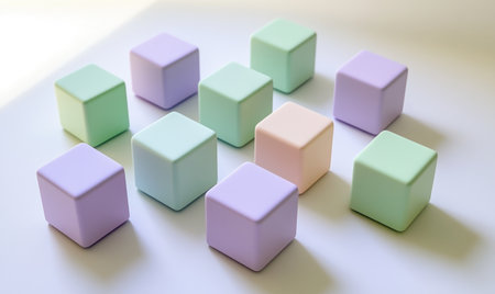Isometric, colorful, simple cubes on a white background, with a simple design in a 3D style, soft lighting, light purple and green colors, a minimalistic design, high-resolution photography, high-quality details, isomorphic rendering, created using Octane Render, Cinema 4D, or Blender, at a 2K resolution. --ar 5:3 --v 6.1 Job ID: 4a36202b-a4fb-4456-b475-68d89f2da705の素材