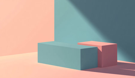 A flat background with three pastel colors, in the style of minimalist composition, featuring three layers of shapes and textures. The top layer is a simple geometric shape in a light blue color, while below it, there's an irregularly shaped shadow that transitions from dark to light pink. A large rectangular box-like structure stands at one end, with a simple, straight line design that contrasts with its soft, rounded edges. This background has been designed for use as a wallpaper or backdrop. --ar 26:15 --v 6.1 Job ID: 617397d3-c9cb-45b8-9769-8dc3bdff9865の素材