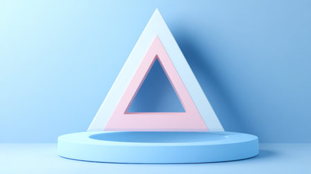 Isometric, simple geometrical shapes: a white triangle on top of a pastel blue semi-circular solid base with a pink triangle in the middle, against a simple background, rendered in Blender with soft lighting. --chaos 30 --ar 16:9 --v 6.1 Job ID: b789d201-7d6e-4624-97f9-f5ae26db1e21の素材