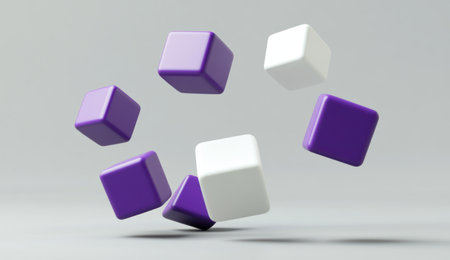 A few purple and white cubes floating on a grey background, in a simple and minimalist style with simple lines. 3D rendering. --ar 26:15 --v 6.1 Job ID: 949c62c6-fb84-44a3-b7b4-eda0453299e5の素材