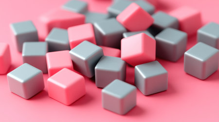 Isometric, minimalist abstract illustration of floating cubes on a pink background, with a light blue and gray color palette, flat design, geometric shapes, and a modern aesthetic. Highly detailed, high-resolution artwork. --chaos 30 --ar 16:9 --v 6.1 Job ID: bc769266-bd6c-451d-b970-cf230f2ccda4の素材