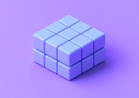 Isometric composition of a cube made from blue squares, 3D render illustration, solid purple background, minimalistic design, simple shapes, low-poly style, isometric shape with rounded corners, light and shadow effect, soft lighting, clean lines, minimal details, smooth textures, modern aesthetic look, pastel color palette, high resolution. --ar 7:5 --v 6.1 Job ID: 31f01b18-08f9-4663-ba05-d36991c57cd0の素材