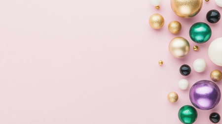 A minimalist composition featuring spheres of different sizes and colors floating on a soft pink background, creating an elegant and sophisticated visual effect. The colors include white, purple, green, blue, black, and gold. High resolution. --chaos 30 --ar 16:9 --v 6.1 Job ID: 8a05888b-ded9-48e2-a6f3-15de3d88a804の素材