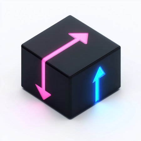 Isometric black cube with pink and blue arrows, white background, simple design, simple shapes, 3D render, Cinema 4D, minimalistic, no details, black box. --v 6.1 Job ID: 8b374a8e-9470-47cb-8409-51c485f485b6の素材