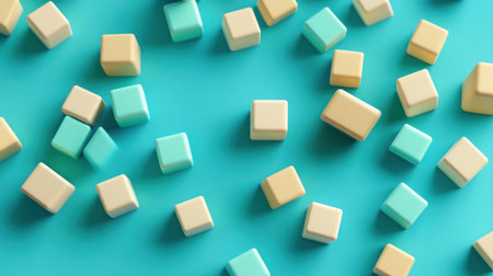 Isometric view of floating cubes, minimalistic, soft colors, neutral background, light blue and beige color palette, simple shapes, geometric design, clean lines, modern aesthetic, subtle gradients, high resolution, high detail, sharp focus, professional photography, macro lens, studio lighting. --chaos 30 --ar 16:9 --v 6.1 Job ID: 1937b44f-13ec-4bed-9a7d-0a8520f29bfdの素材