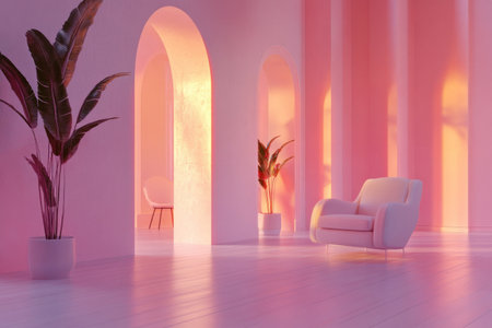 A minimalist and modern interior design of an empty living room with pink walls, a white wooden floor, arched doorways, potted plants, a stylish armchair, warm lighting creating soft shadows, and a vibrant atmosphere. The color scheme is inspired by the Pastel Pink aesthetic, adding a touch of whimsy to the space. --ar 3:2 --v 6.1 Job ID: 57006b31-1643-4511-8722-b02ef870266eの素材
