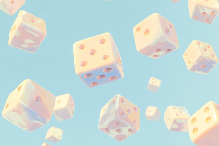 3D render of floating dice, simple minimalist style, low-poly, light blue background, pastel color palette, soft shadows, neutral lighting, cute and playful, no gradients, pinkish-beige tones, smooth textures, white outline, cartoonish details, clean lines, high resolution --ar 3:2 --v 6.1 Job ID: 2ce21521-4c48-4d83-b4d3-58703942bdc9の素材