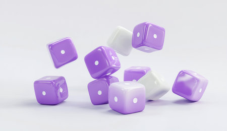 Cute, minimal purple and white cubes floating on a grey background, 3D rendering, simple design, cute style, simple shapes. --ar 26:15 --v 6.1 Job ID: 5fe8373f-2857-4ad1-a9e2-56d1805bece4の素材