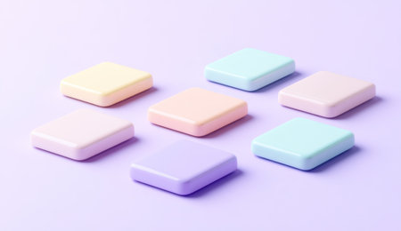An abstract, minimalist illustration featuring a group of square UI buttons in pastel colors on a light purple background. The design is flat, with an isometric, 3D rendered appearance. This high-resolution photography has an epic composition, captured from an ultra-wide angle to create a cinematic scene with dramatic lighting and bright color grading. The soft shadows and clean, sharp focus, along with the depth of field, give the image a polished, professional look in the style of a skilled digital artist. --ar 26:15 --v 6.1 Job ID: a7dfb66b-697a-4d5c-bacf-43937f911e5fの素材