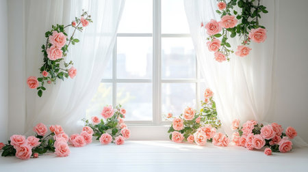 White window with pink roses, white floor, soft light and shadow, fresh style, flowers outside the open window, photography backdrop for children's photoshoot. --chaos 30 --ar 16:9 --v 6.1 Job ID: 0e43d4da-b34c-4e5d-8541-464eb8912867の素材