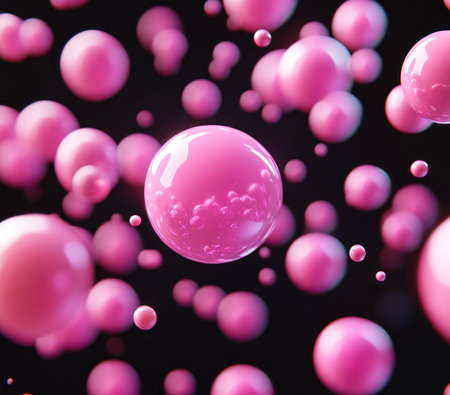 Pink spheres on a black background, floating pink spheres, a pink explosion of bubbles, 3D render, created in Cinema 4D, rendered with Redshift, rendered with Octane, black background, simple design, high resolution, sharp focus, photorealistic, hyper-realistic --ar 17:15 --v 6.1 Job ID: 81648c7d-04cd-49c4-994b-91dfb655e652の素材