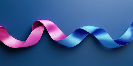 A 3D digital art of two intertwined ribbons, one in vibrant pink and the other in electric blue, against an indigo background. The colorful ribbons form waves that move gently, creating dynamic movement on a flat surface. --ar 2:1 --v 6.1 Job ID: 9b7993f9-02bb-4b30-b229-7060231faea1の素材