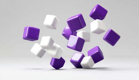 Cute, minimal purple and white cubes floating on a grey background, 3D rendering, simple design, cute style, simple shapes. --ar 26:15 --v 6.1 Job ID: 5fe8373f-2857-4ad1-a9e2-56d1805bece4の素材
