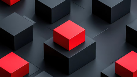 Abstract red and black geometric background with cubes, isometric design, minimalistic style, high resolution, professional photograph. The ultra-wide-angle lens captures the entire scene, highlighting the sharp contrast between dark gray and bright shades of red. It features a simple yet powerful composition that emphasizes the shapes and textures of different blocks. This visual concept adds an artistic touch to any setting. --chaos 30 --ar 16:9 --v 6.1 Job ID: beeba247-6d5d-486d-b17a-36b9186930bfの素材