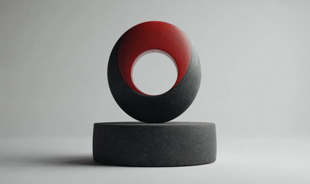 A red and black rounded figure, rendered in the style of Cinema4D, with minimalist objects, a logo design, and a simple background, created using Cinema4D software. The minimalist sculpture is in 38K resolution and features solid color blocks. The three-dimensional composition of the shape is symmetrical, and the red semi-abstract form floats on top of the dark gray base surface. The minimalist design art features three-dimensional shapes, and a strong sense of light and shadow effect was created by the use of Cinema4D representation technology. High definition. --ar 5:3 --v 6.1 Job ID: b428b1f0-e20e-4879-9009-9f1a38208c73の素材