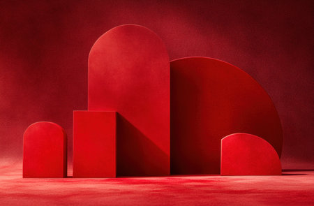 Red background, three large red geometric shapes on the left side of an empty space in front of them. The shapes are circular and have rounded edges. There's another small semi-circular cube next to them. It's a 3D rendering with soft lighting. --ar 23:15 --v 6.1 Job ID: b2cbb312-063c-45f9-9b91-71aac41f27b5の素材