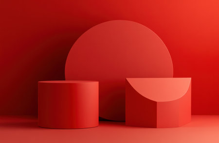 Red background, three large red geometric shapes on the left side of an empty space in front of them. The shapes are circular and have rounded edges. There's another small semi-circular cube next to them. It's a 3D rendering with soft lighting. --ar 23:15 --v 6.1 Job ID: b2cbb312-063c-45f9-9b91-71aac41f27b5の素材