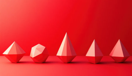 Red low poly geometric shapes on red background. Abstract minimalistic 3d rendering of simple polygonal geometric figure in the form of triangles and pyramids. Modern art design concept. --ar 26:15 --v 6.1 Job ID: b82c1140-845d-46d7-a497-daf010fe1656の素材