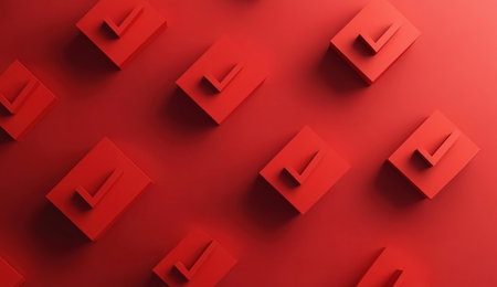 Red checkmark icons floating on a red background. Abstract geometric shapes in motion, a 3D rendering illustration of simple shapes with copy space for your design. Background wallpaper. Flat lay, top view. --ar 26:15 --v 6.1 Job ID: e6123d17-1090-41c5-8d70-452ef59c518eの素材