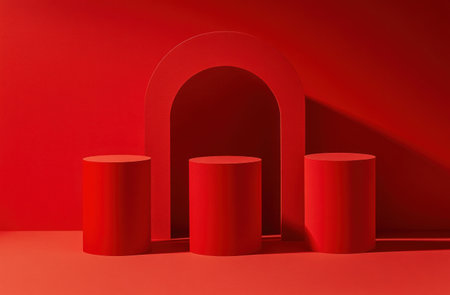 Red background, three red circular pedestals in the shape of an arch on top and bottom, with different heights, arranged to create an abstract geometric composition. The pedestals are placed against a plain backdrop, creating a minimalist yet striking visual effect. This design emphasizes simplicity and elegance through its clean lines and harmonious color scheme. It adds depth and dimension by using subtle gradients to enhance the texture of each surface. --ar 23:15 --v 6.1 Job ID: a0d04c98-9fc1-4178-a23e-06eeeef2890cの素材
