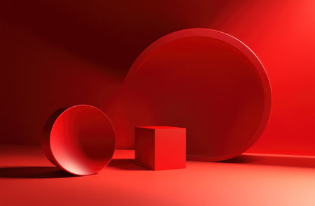 Red background, three large red geometric shapes on the left side of an empty space in front of them. The shapes are circular and have rounded edges. There's another small semi-circular cube next to them. It's a 3D rendering with soft lighting. --ar 23:15 --v 6.1 Job ID: b2cbb312-063c-45f9-9b91-71aac41f27b5の素材