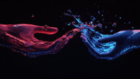 A blue and red wavy liquid flowing from one hand to the other, against a black background. Created in Cinema 4D, rendered with Octane Render, in high resolution. The style is minimalist, with cinematic lighting and ultra-detailed elements. --ar 53:30 --v 6.1 Job ID: e9e351b4-5c93-41d0-abea-8d344c2fbb7aの素材