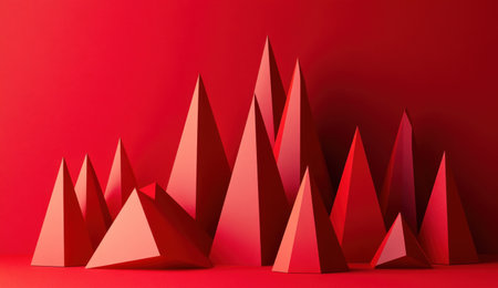 Red low poly geometric shapes on red background. Abstract minimalistic 3d rendering of simple polygonal geometric figure in the form of triangles and pyramids. Modern art design concept. --ar 26:15 --v 6.1 Job ID: b82c1140-845d-46d7-a497-daf010fe1656の素材