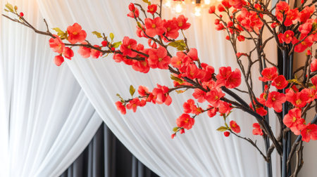 White fabric backdrop with red flowers, surrounded by white curtains and red plum blossoms, creating an ethereal atmosphere. The background features soft lighting, creating a dreamy effect that enhances the overall beauty of the scene. --chaos 30 --ar 16:9 --v 6.1 Job ID: a21beabe-7406-49ee-9558-5e62ea9270eaの素材