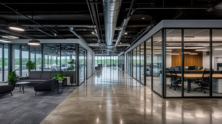 A modern office space with an open floor plan, featuring two metal-framed glass walls and concrete floors. The room is equipped with black furniture, green plants on the tables, and white lighting fixtures hanging from the ceilings. There's also gray carpeting underfoot, creating a minimalist aesthetic. This scene conveys an atmosphere of coolness, spaciousness, and minimalism. --chaos 30 --ar 16:9 --v 6.1 Job ID: 838cfd45-5c9b-4c32-a577-50b754898dd1の素材