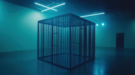 A blue cube made of metal, with symmetrical grid lines and a three-dimensional effect, creating depth in the background. The interior is filled with numerous blue vertical slats, forming an abstract composition. The scene has a strong sense of perspective, as if leading the viewer into another dimension. This creates a futuristic atmosphere with a cool color tone. Blue lighting illuminates each surface, giving the cube a mysterious glow. --chaos 30 --ar 16:9 --v 6.1 Job ID: 647256a0-760b-4d2d-8a4c-3f16abfe314bの素材