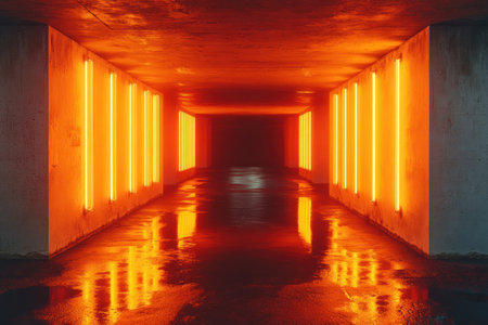 A futuristic tunnel with orange neon lights, symmetrical design, empty space in the center of the frame, sci-fi background, futuristic environment, photorealistic, high resolution, cinematic lighting, symmetrical, clean lines, no blur, high detail, hyper-realistic, clean, sharp focus, no contrast, professional color grading, and proper white balance. --ar 3:2 --v 6.1 Job ID: 04729725-e549-48f2-a2fe-7fa7ae8f9164の素材
