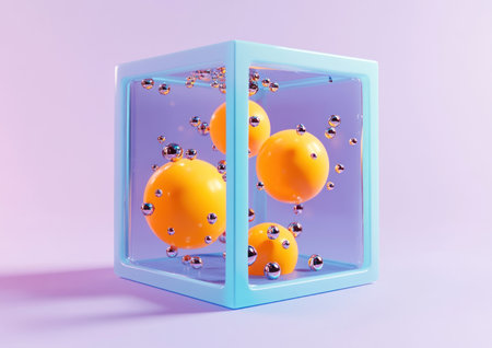 A blue and orange cube with spheres floating inside it, in an isometric design style, with a simple background, a 3D rendering, created using Blender or C4D, a low-poly model, with cute cartoonish designs, a glass material, a gradient color scheme, a centered composition, a minimalist background, and bright colors, set against a light purple background. --ar 7:5 --v 6.1 Job ID: 9546a77c-2562-4c60-9dba-88bcfa3b7803の素材