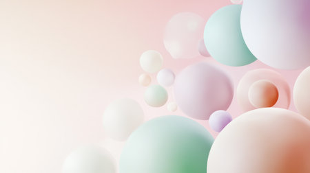 A composition of spheres in different colors and sizes floating on a pale pink background, creating an abstract and minimalistic design. The spheres have smooth textures with gradients from white to green or purple, adding depth and contrast. There is space between the balls for text. This style would be suitable as a minimalist wallpaper, featuring soft lighting and a calming effect. --chaos 30 --ar 16:9 --v 6.1 Job ID: da7d98f9-1a16-431b-8f9f-ed54cc676e22の素材