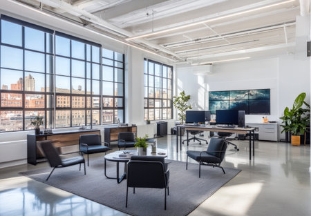 A modern office with large windows, white walls and ceilings, black furniture, desks in the center of an open space, gray carpet on the floor, a white ceiling with bright lighting, computer screens, desk accessories, plants, an air conditioner, and chairs around tables. --ar 22:15 --v 6.1 Job ID: c77b9221-8c33-4e1f-a17c-a73c1f0d6ce6の素材