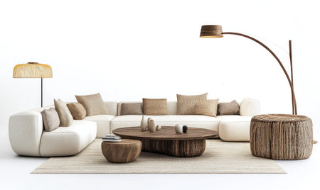 A modern living room with white walls, a beige sofa and coffee table, and a floor lamp. White background for product display mockup, interior design photography, photorealistic, high resolution, high quality. --ar 5:3 --v 6.1 Job ID: 751f2dd9-cbc2-4620-a93a-a3762ac1ee57の素材