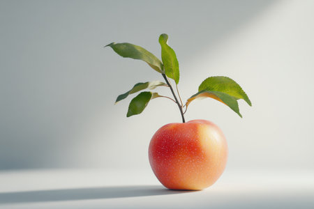 A photograph of an apple with leaves on the top, against a white background, in high resolution, with studio lighting, soft light, shot using a Sony A7S III camera at f/2.8 with an ultra-wide angle lens. --ar 3:2 --v 6.1 Job ID: 7fc43488-da1d-42f3-81b6-a27539c694c9の素材