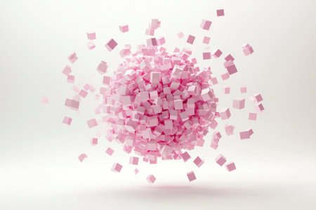 3D rendering of a pink sphere made from cubes with falling pieces on a light background. An abstract geometric design, a futuristic and technological concept. --ar 3:2 --v 6.1 Job ID: 0b85eae5-6130-4cc6-968d-1a5e76b31123の素材