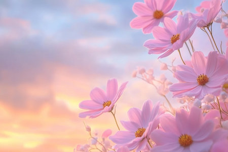 Sunset light, sky background, daisies in the foreground, beautiful flowers, delicate petals, soft colors, clear details, natural scenery, natural environment, soft lighting, natural beauty. Low-angle shot, macro photography, depth of field, wide-angle lens, soft focus, in the style of natural style. --ar 3:2 --v 6.1 Job ID: 7cf0a22a-c838-4312-93e7-f9826a0390adの素材