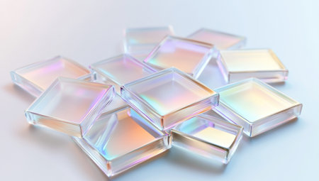 3D rendering of transparent glass square shapes on a white background with a holographic effect. An abstract, futuristic technology or digital design concept. High resolution and sharp. --ar 53:30 --v 6.1 Job ID: ef21efae-e149-4cf6-9e3b-34f4862ed038の素材