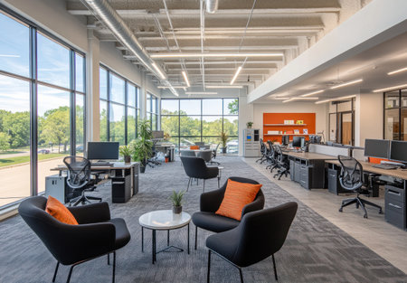 A modern office with large windows, white walls and ceilings, black furniture, desks in the center of an open space, gray carpet on the floor, a white ceiling with bright lighting, computer screens, desk accessories, plants, an air conditioner, and chairs around tables. --ar 22:15 --v 6.1 Job ID: c77b9221-8c33-4e1f-a17c-a73c1f0d6ce6の素材