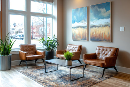A modern and welcoming waiting area with comfortable leather chairs, large windows, contemporary art on the walls, warm lighting, wooden flooring, soft colors, plants in vases, and a stylish coffee table. Commercial photography. --ar 3:2 --v 6.1 Job ID: fa375d44-c45a-42f4-9be1-95e2949f0efaの素材