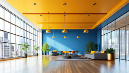 A spacious and modern office interior with wooden flooring, large windows, blue walls, yellow ceiling, gray sofa chairs, coffee tables, desks for workplaces, meeting rooms, a conference room in the background, plant decorations, golden lighting fixtures hanging from the ceiling, 3D rendering, high resolution, high quality, detailed, hyper-realistic, professional photography. --ar 53:30 --v 6.1 Job ID: 356b09eb-c7b1-4cb2-ac48-1bf0368a2701の素材