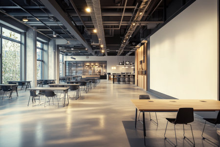A large white wall in an open-plan office with desks and chairs, some lighting, a concrete floor, black furniture, and a modern design. The left side of the photo is blank for copy space or advertising text. A simple, minimalist interior with bright light from windows. High resolution, 3D rendering, wide-angle lens, professional photography, sharp focus, studio background. --ar 3:2 --v 6.1 Job ID: f41465bd-f728-4fa3-9ca2-31fbfb24a261の素材