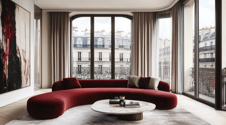 A modern Parisian apartment with a velvet red sofa, curved and geometric shapes, large windows, a marble coffee table, bold art pieces, a neutral color palette, and natural light from the tall windows, creating an elegant and sophisticated ambiance. --ar 128:71 --v 6.1 Job ID: 4481393e-93be-427e-b0fa-682e9a33747fの素材
