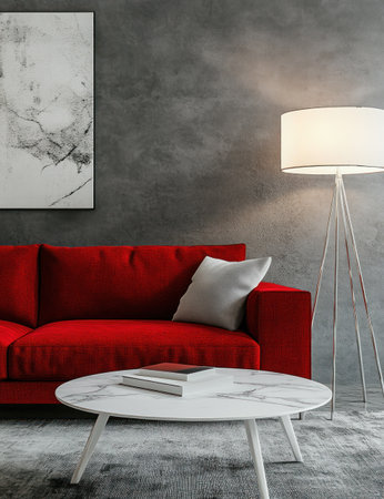 Red sofa, white marble coffee table, floor lamp, gray wall background, interior design, minimalist style, modern living room, studio lighting, front view, high-resolution photography, high detail, high quality --ar 23:30 --v 6.1 Job ID: 03874699-7e6e-487d-be29-68f9956859e7の素材