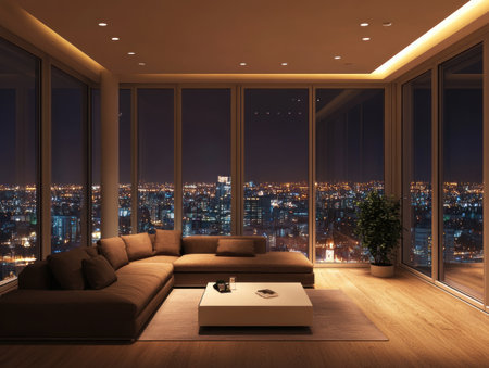 A living room in an apartment on the top floor of a skyscraper, with a modern interior design featuring a brown fabric sofa and a white coffee table. Large windows offer a panoramic view of the city lights at night, and the wooden flooring creates a cozy atmosphere. The scene is rendered in a detailed, realistic style, reminiscent of architectural photography and landscape photography. --ar 4:3 --v 6.1 Job ID: 7c009df7-bb23-4a7d-846c-96de0d74c3cdの素材