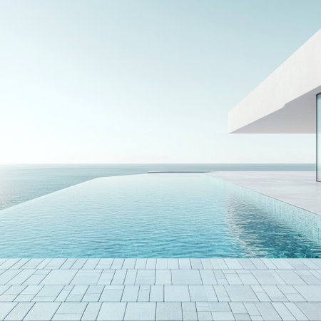 Realistic photograph of an infinity pool, featuring modern architecture with light blue water and white tiles, captured from a perspective view in a close-up shot. The background showcases a clear sky, and the image is characterized by high resolution, detailed texture, natural lighting, and architectural photography techniques, resulting in a hyper-realistic, highly detailed, and super realistic rendering with bright tones, a clean background, a wide-angle perspective, and soft shadows with minimal contrast, in the style of photorealistic architectural photography. --v 6.1 Job ID: 0e28212a-c33a-47fe-b40c-762fb0afef45の素材