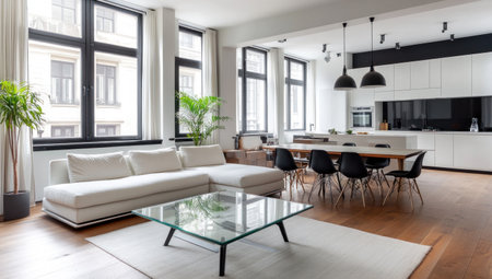 A spacious living room with a white sofa, dining table, and chairs in the corner of an open-plan apartment interior. The modern minimalist style is characterized by clean lines, neutral colors such as black or grey, and a glass coffee table on wooden flooring. There's natural light coming through large windows. A kitchen area can be seen at one end of the space, adding to its welcoming atmosphere. It includes decorative elements like plants for greenery and decor. --ar 53:30 --v 6.1 Job ID: 411c2d11-311d-4f29-899b-0ae81110169aの素材